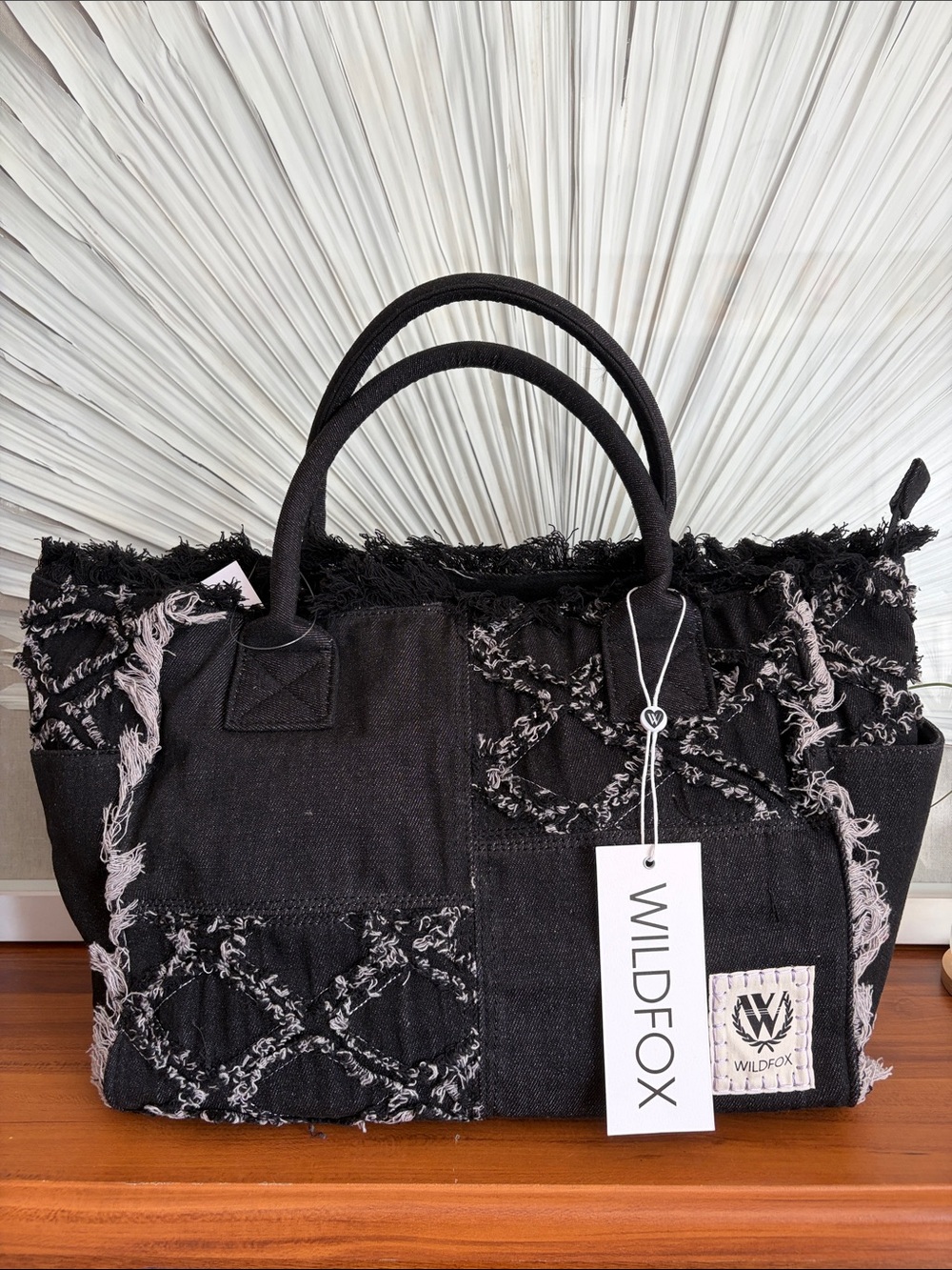 Wildfox Black Denim Frayed Patchwork Tote Bag